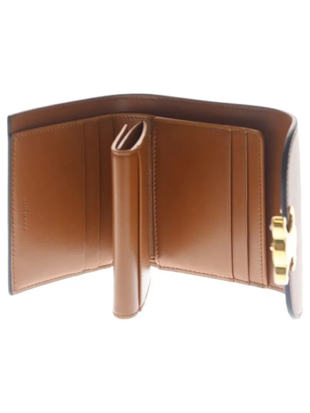 Celine Triomphe Trifold Wallet Compact Coin Case Brown Leather Gold - Picture 4 of 6
